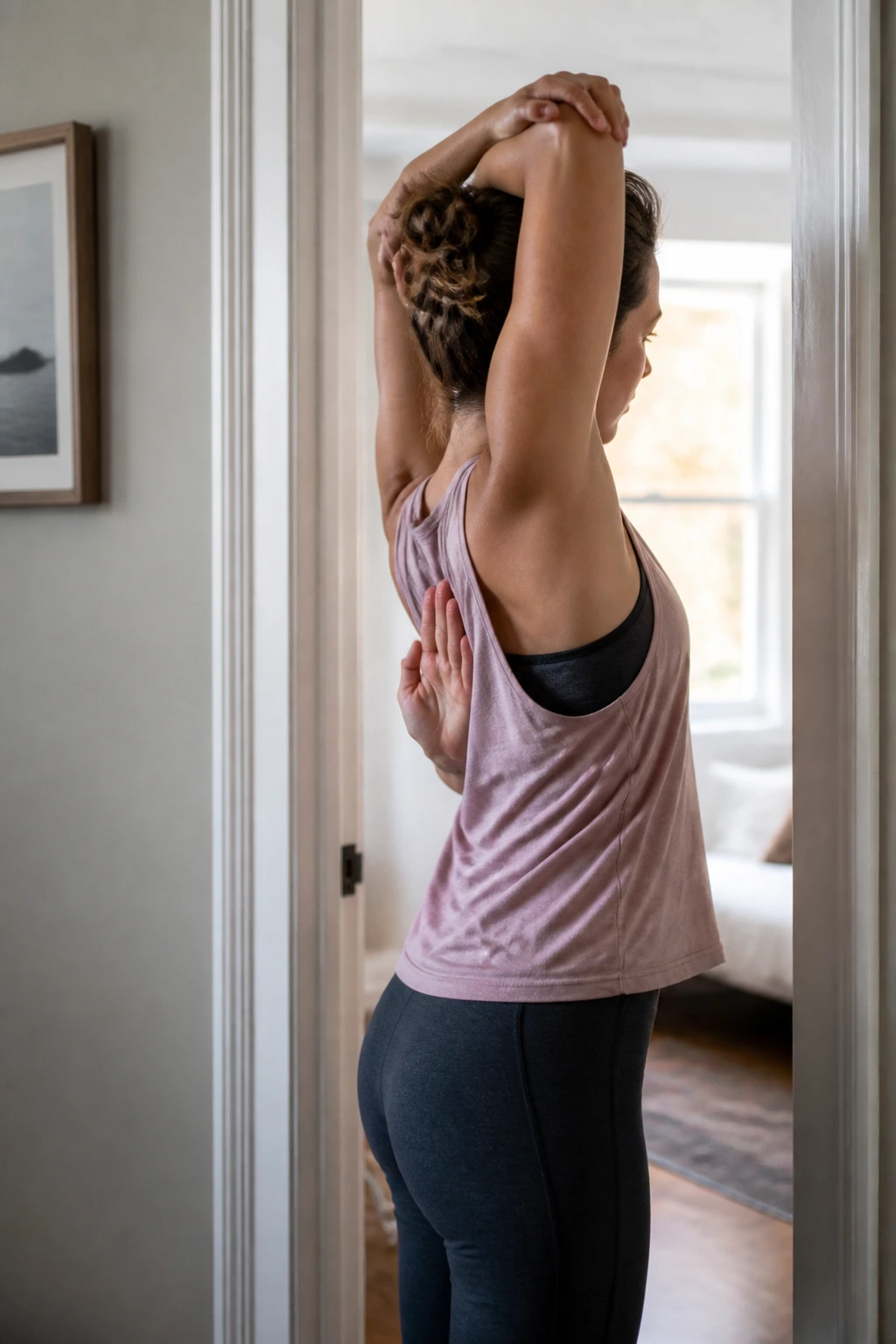 Person performing overhead tricep stretch beside doorway