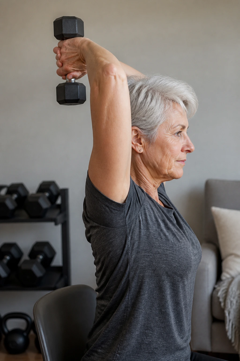 Side view of a person performing overhead triceps extension
