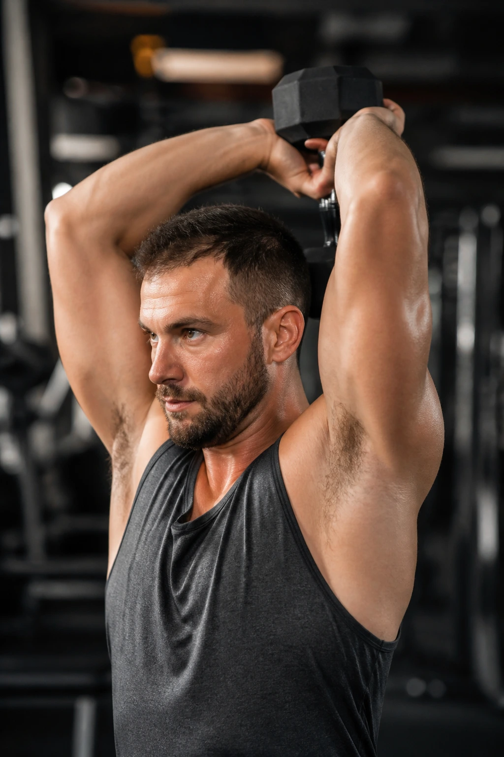 Close-up of arms overhead performing dumbbell triceps extension