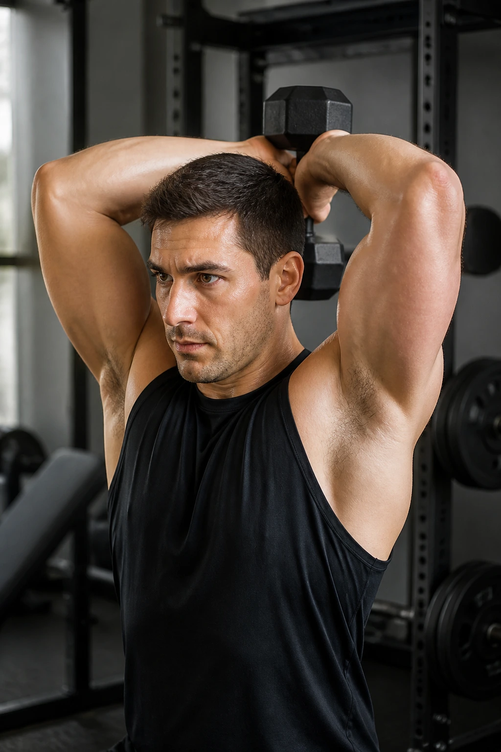 Portrait of a person performing overhead dumbbell triceps extension