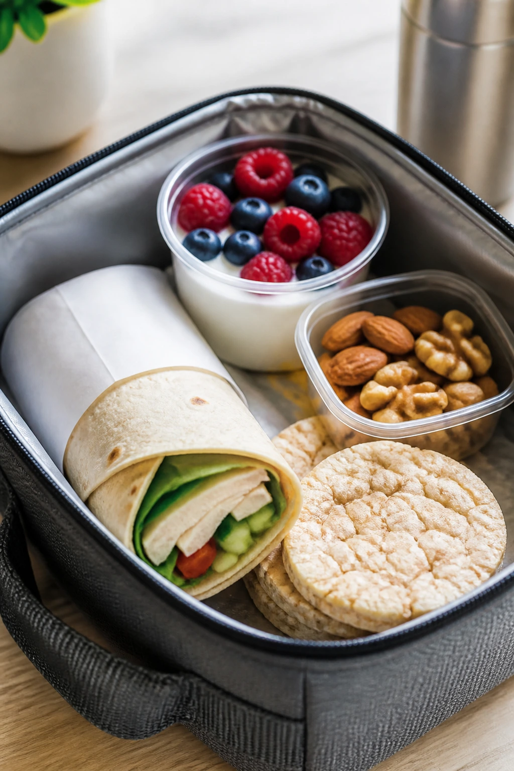 Packed lunch with wrap, yogurt, nuts, and rice cakes ready for work