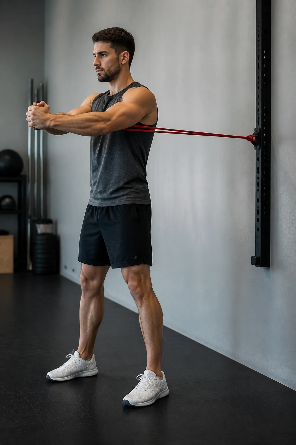 Person performing Pallof press with resistance band resisting rotation