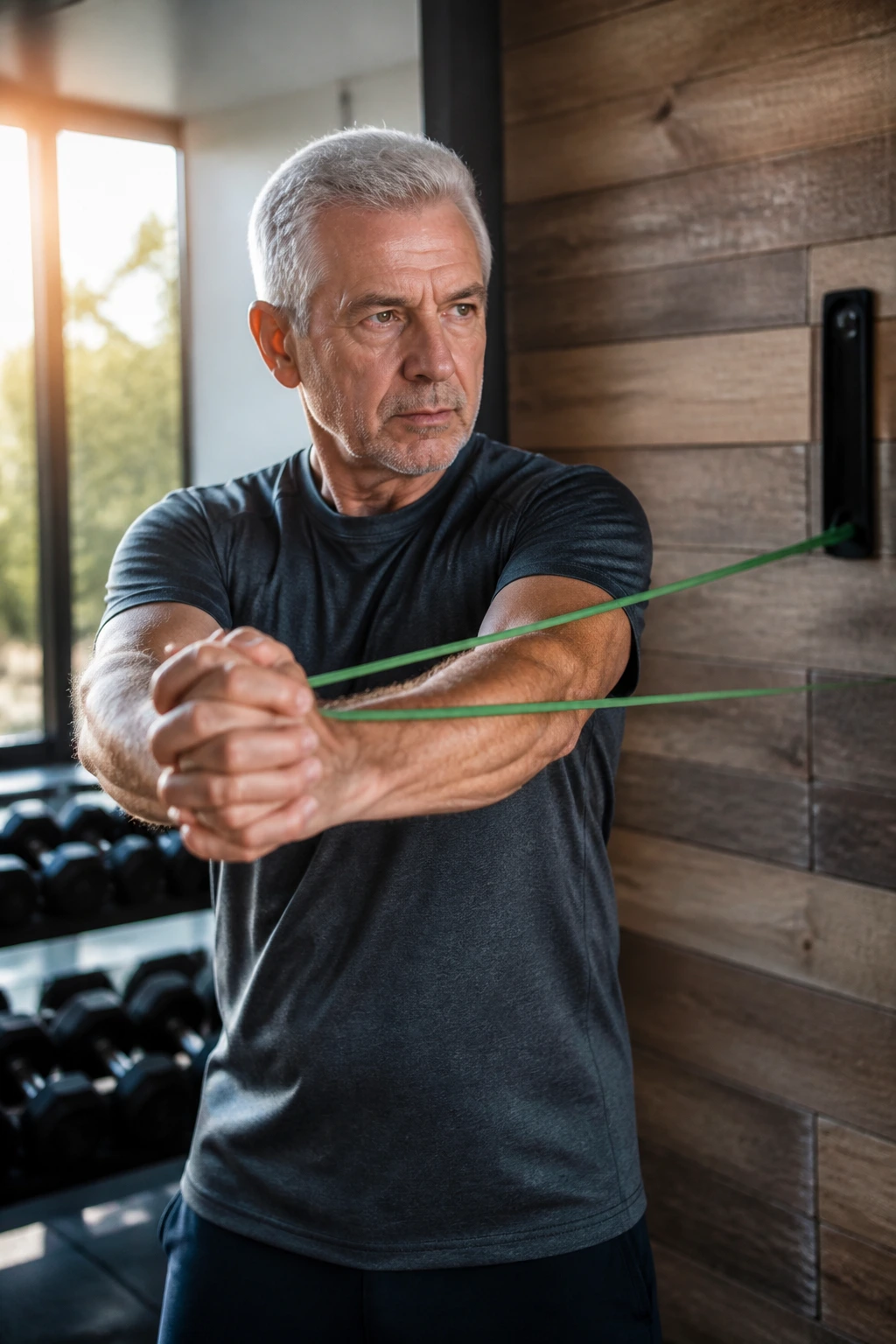 Close-up of a person performing Pallof Press with resistance band anchored to wall, core engaged