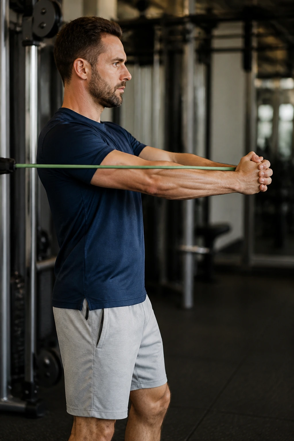 Real person bracing core while pressing a Pallof press with a band, torso square.
