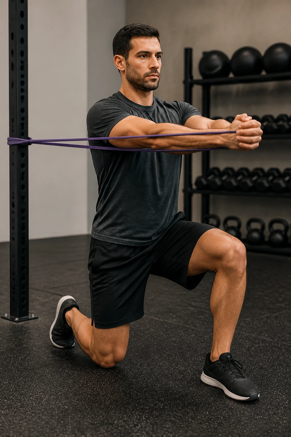 Medium close-up of a person performing half-kneeling pallof press with resistance band
