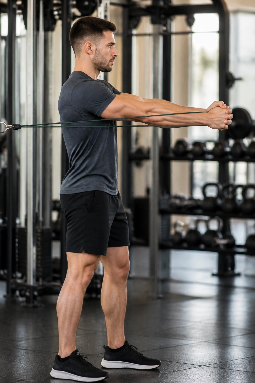 Side profile of person performing Pallof Press with resistance band in gym