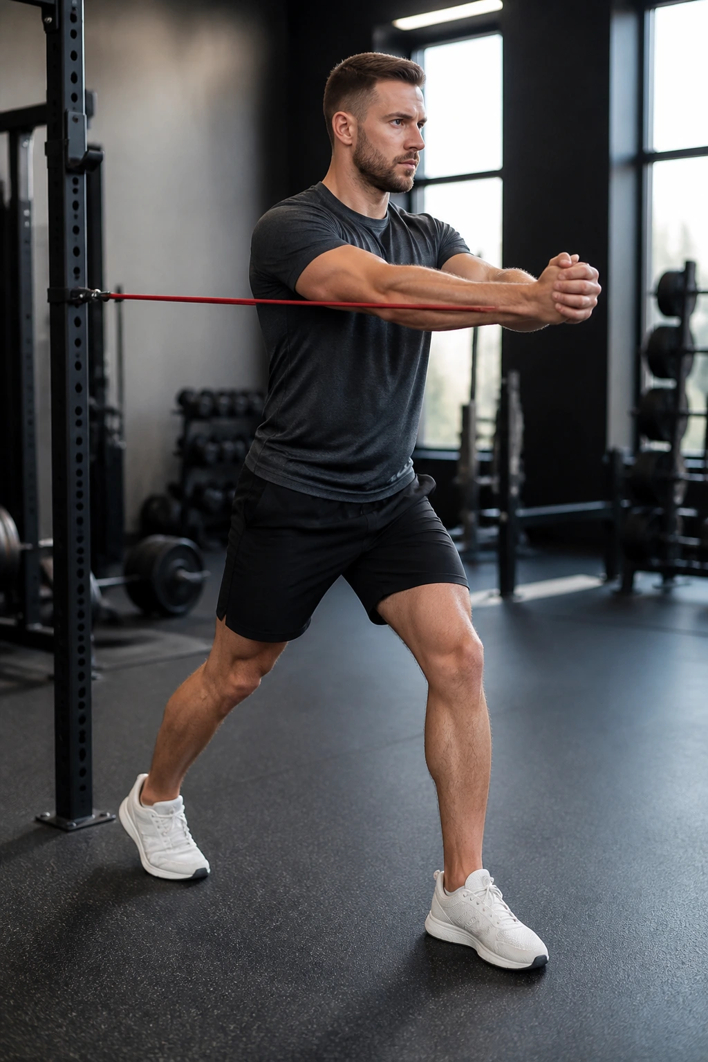 Side view of person performing Pallof Press with step-out