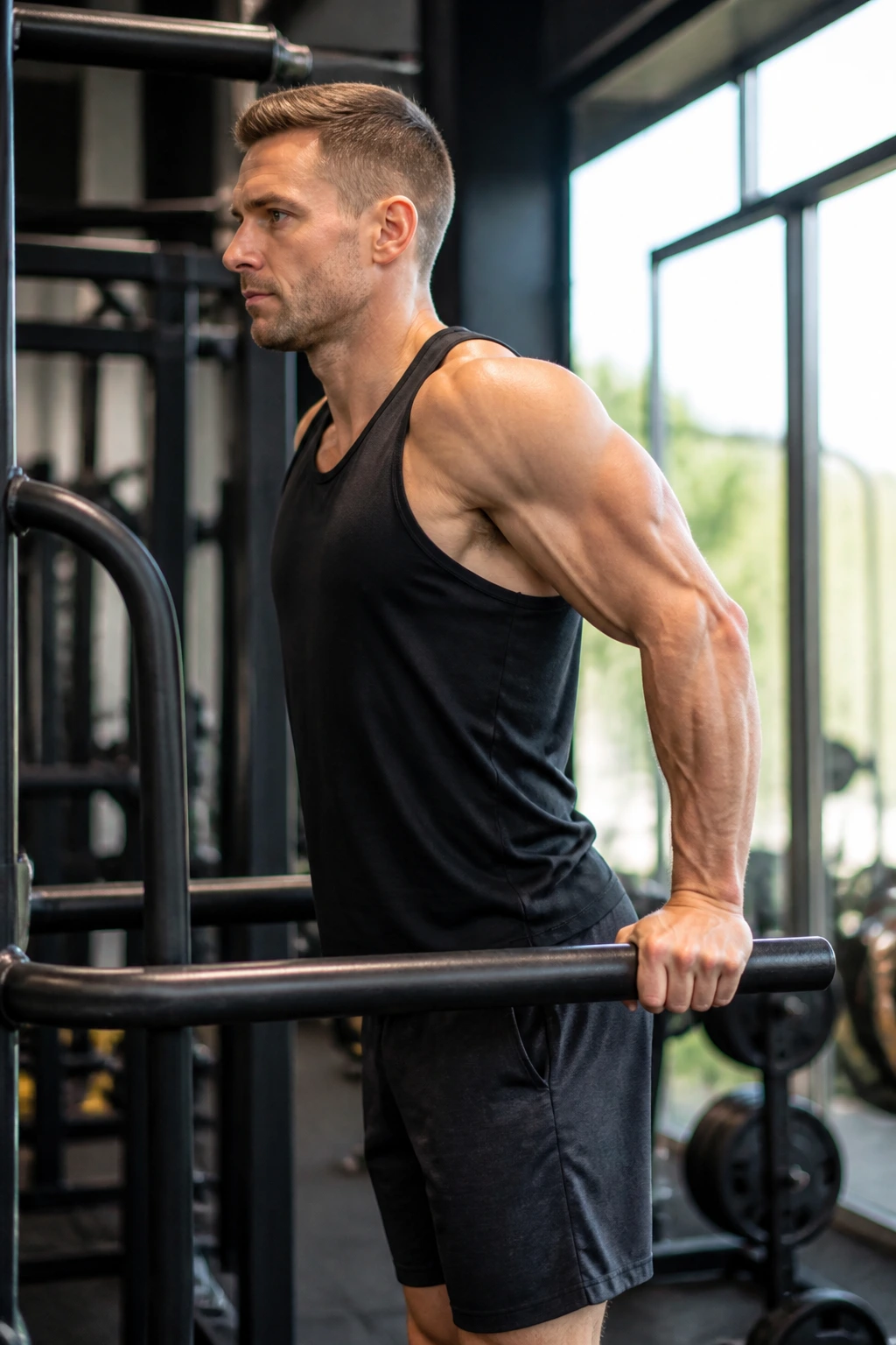 Person performing parallel-bar dips with upright torso.