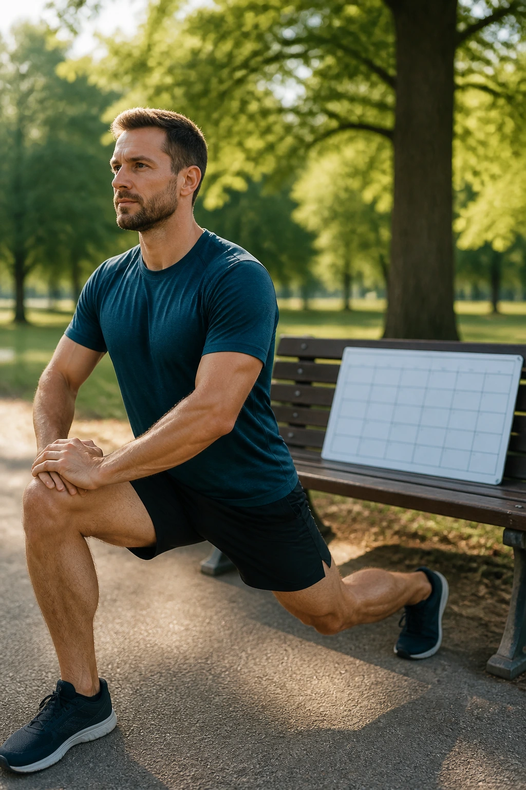 Medium-close shot of a person exercising in a sunlit park with a blank calendar grid on a bench behind.