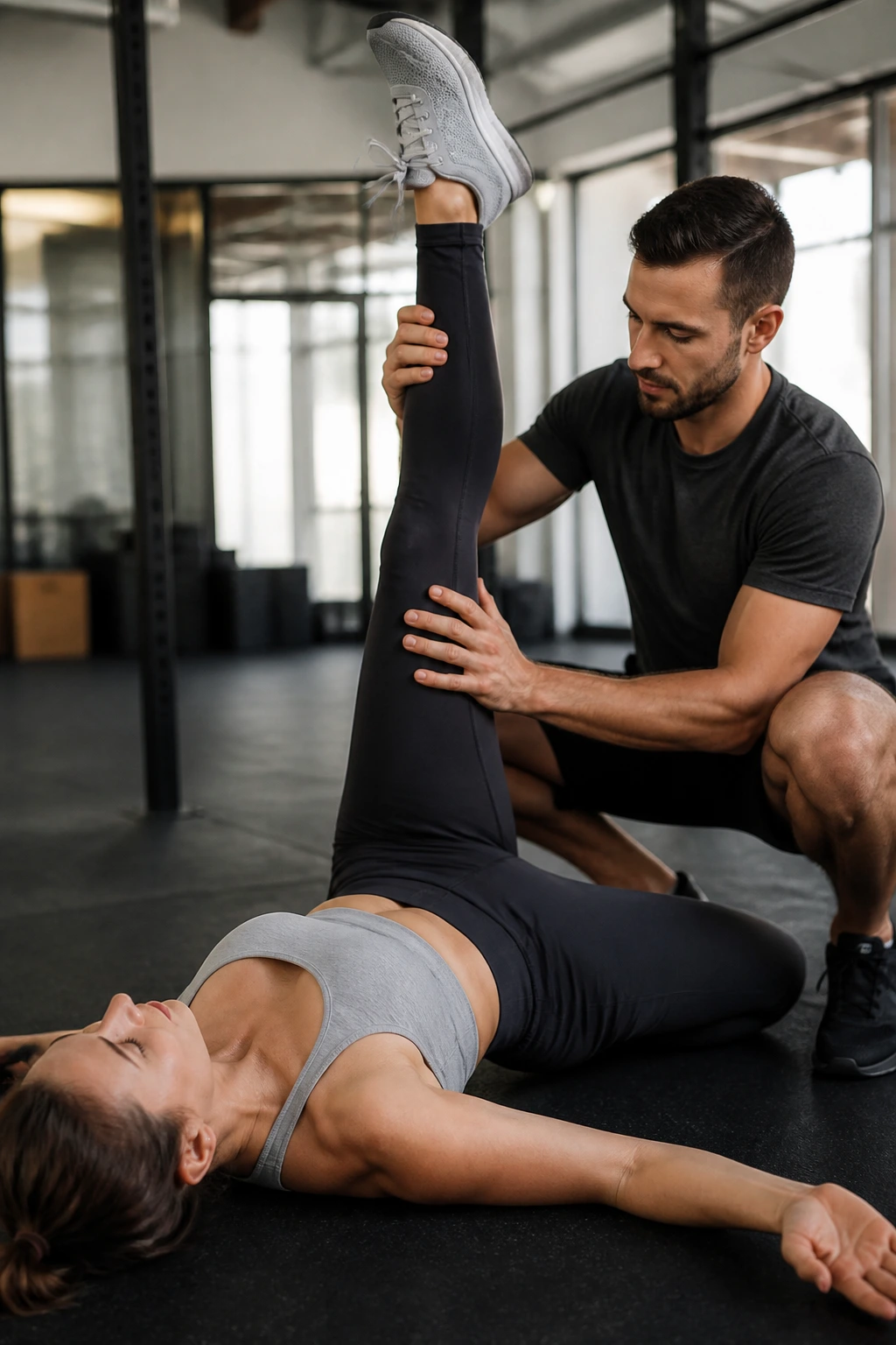Partner-assisted hamstring stretch with leg raised and partner guiding