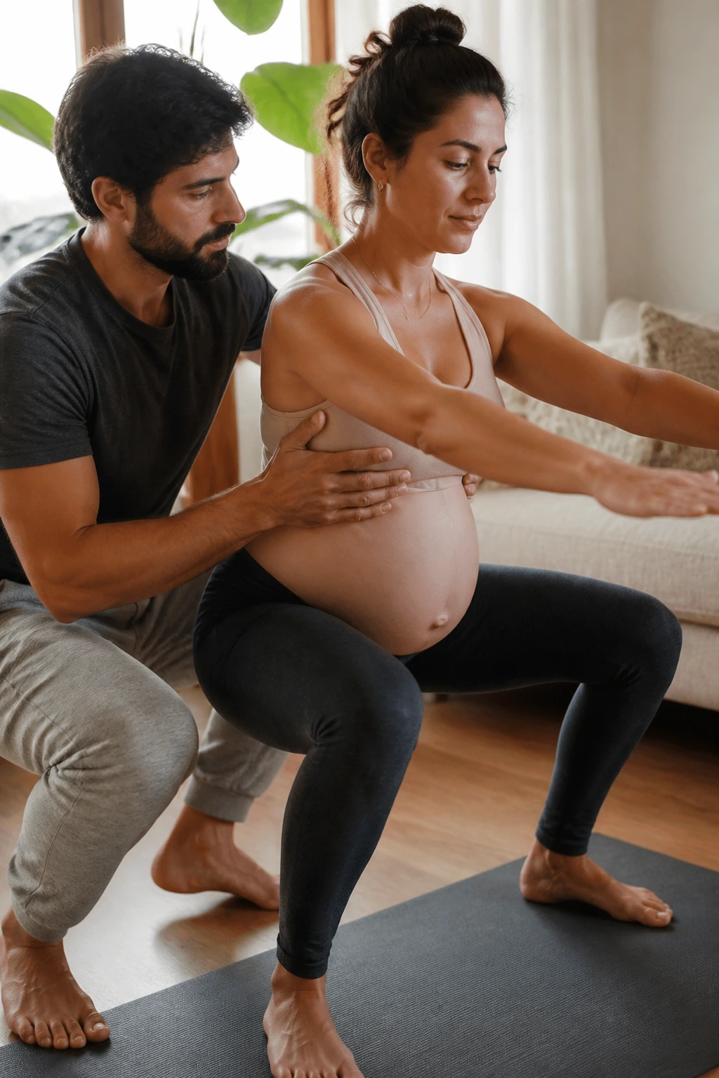 Two real adults performing partner-assisted mobility exercise in a cozy living room