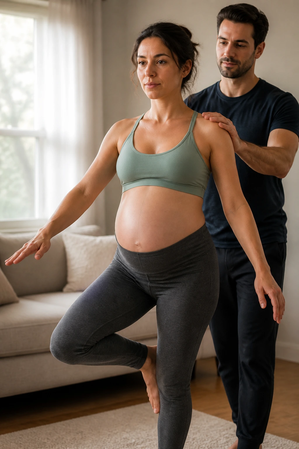 Pregnant woman performing stability exercise with partner providing support