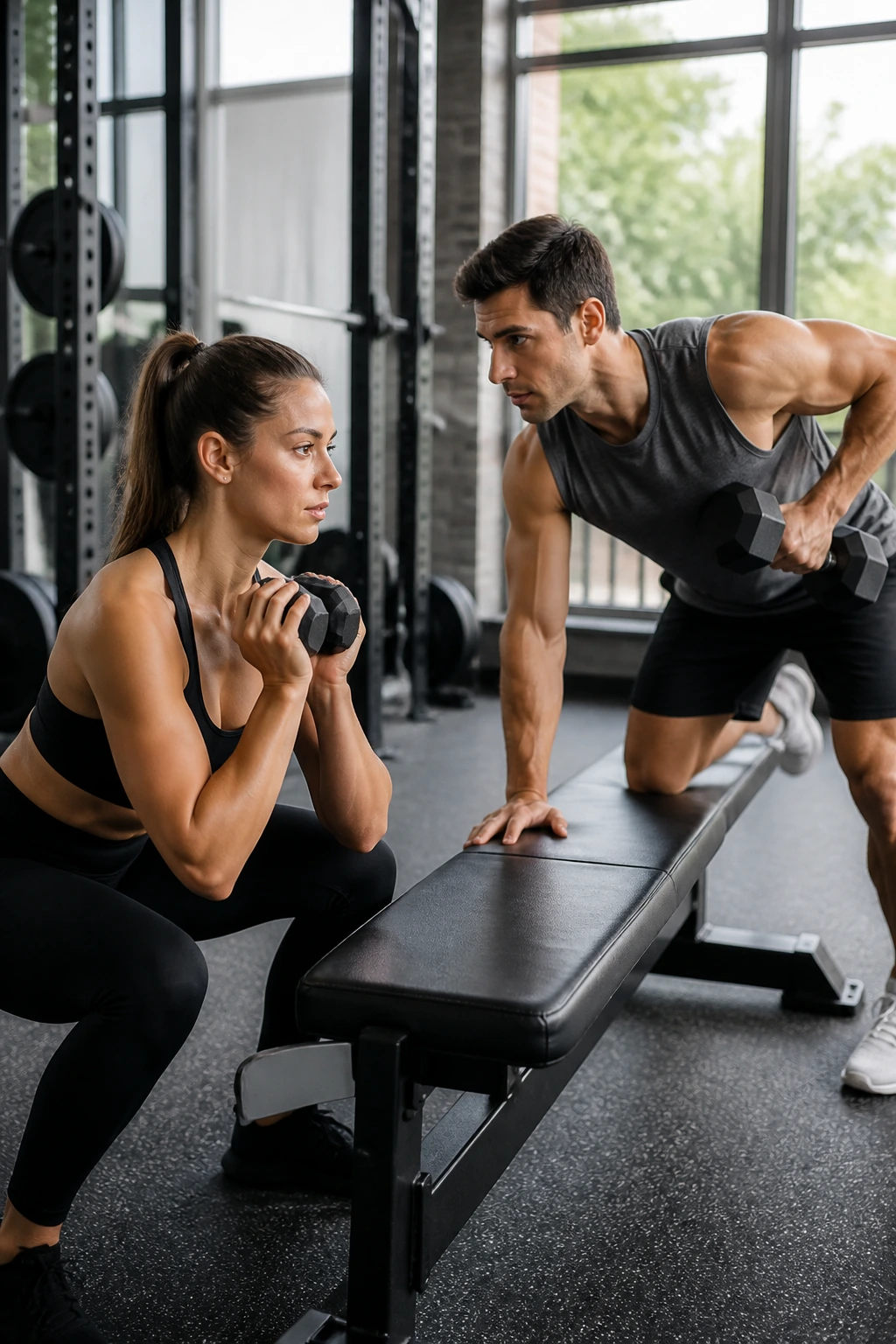 Two-person partner workout at a shared station performing goblet squats and rows, gym setting