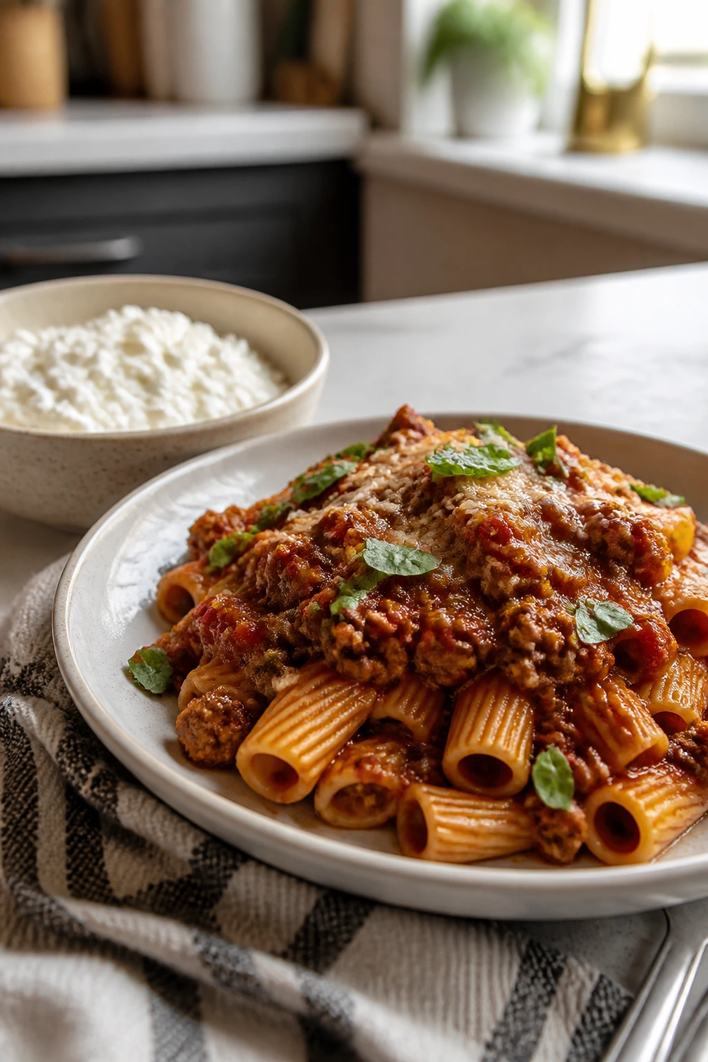 Plate of pasta with meat sauce and cottage cheese on the side in a warm kitchen