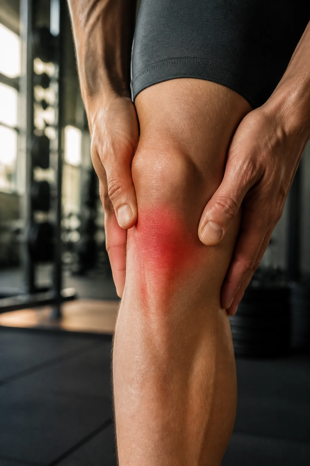 Close-up knee with patellar tendon inflammation beneath the kneecap in athletic wear