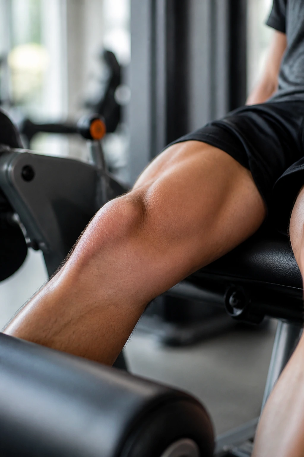 Close-up of knee in flexion highlighting the patellofemoral area during exercise.