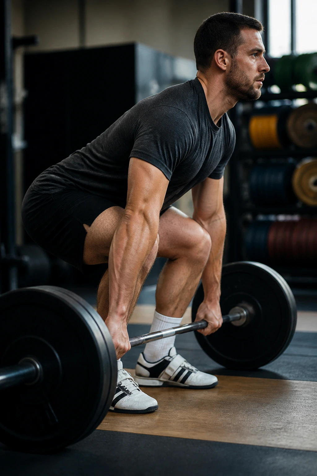 Close-up of lifter pausing a deadlift on the gym floor with bar and bumper plates