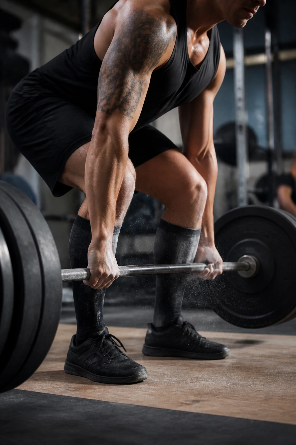 Close-up of lifter's torso and hands on barbell paused off floor during pause deadlift in a gym