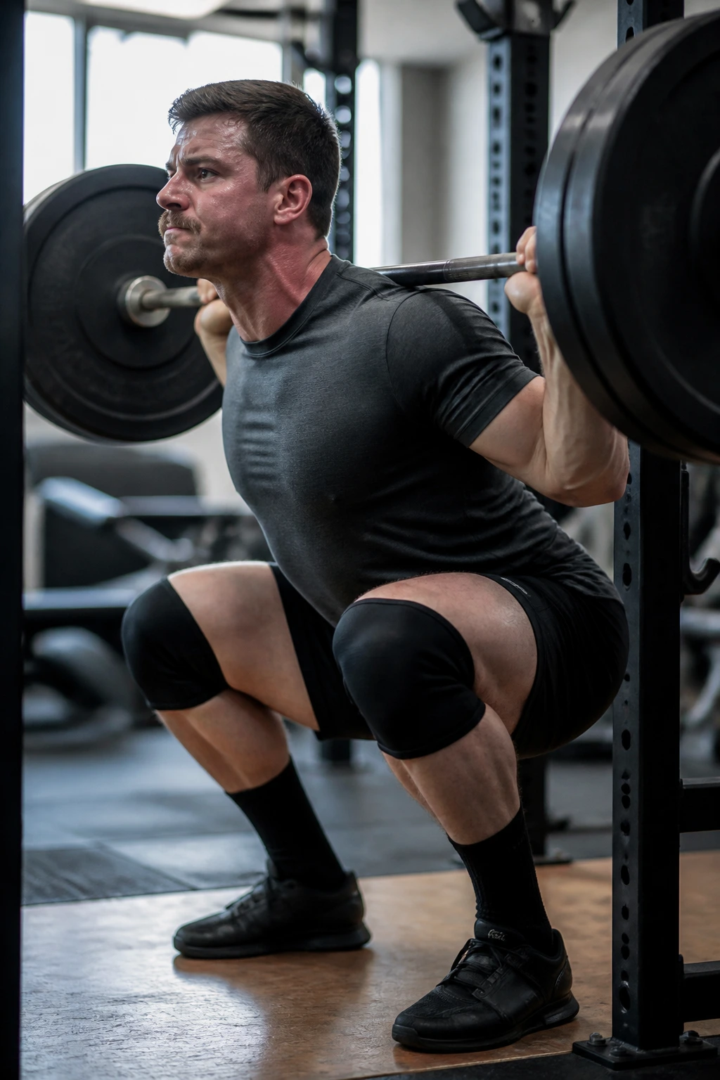 Lifter performing a paused squat with brace in a gym.