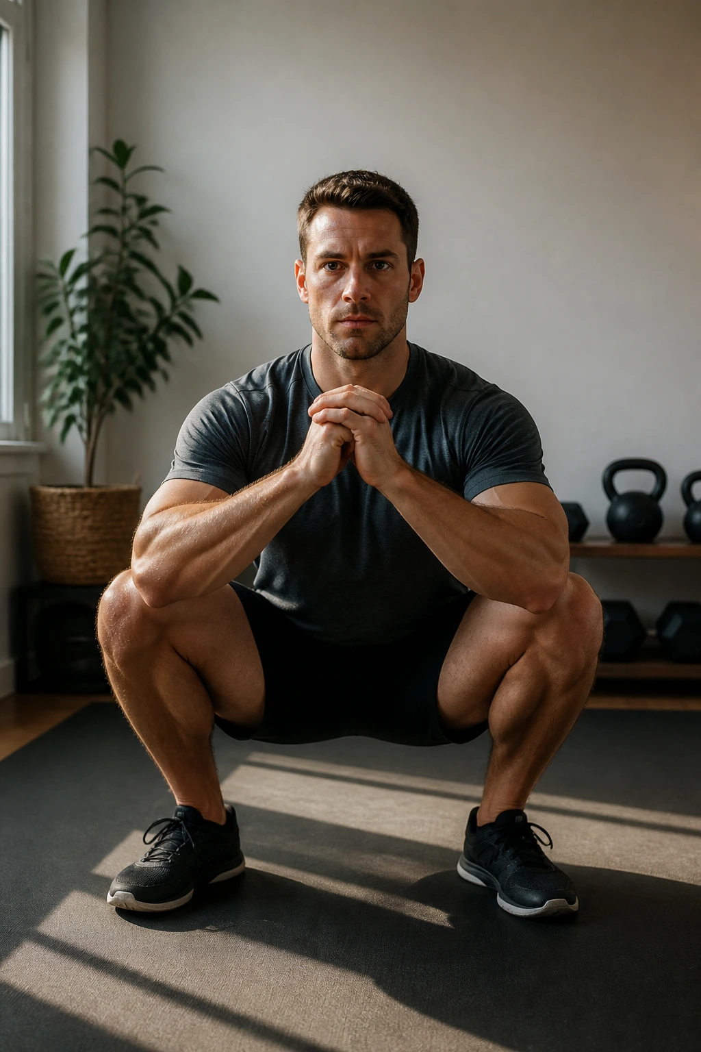 Close-up of a real person paused at the bottom of a squat in a home setting