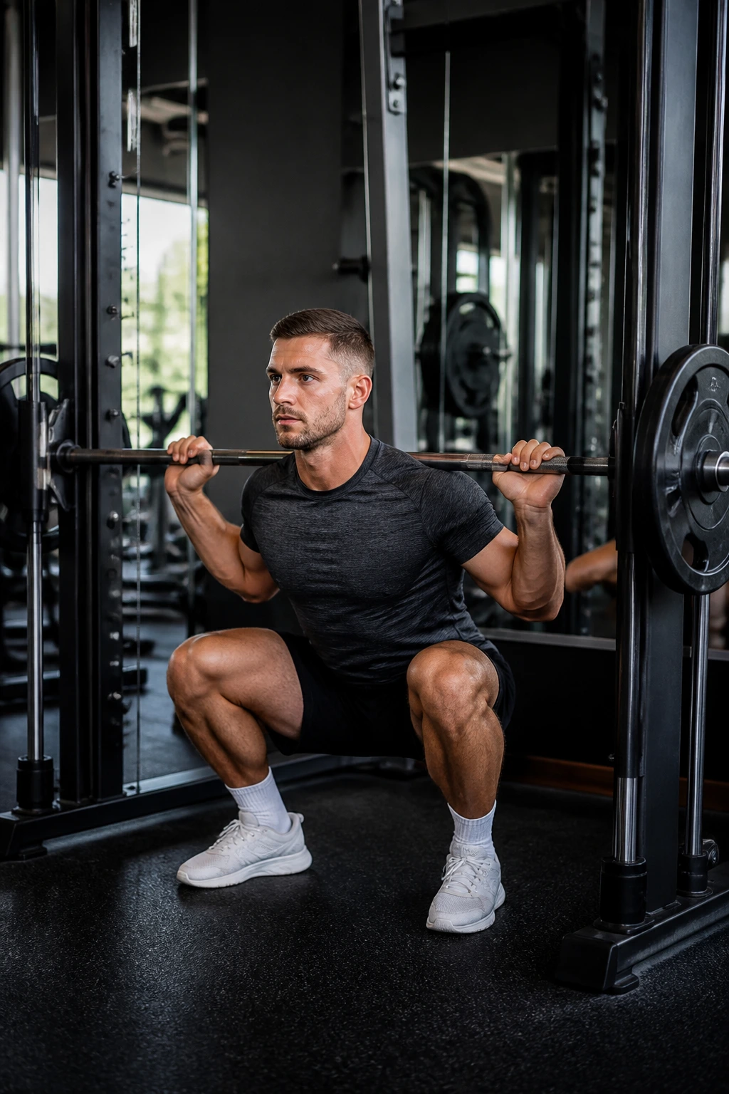 Person pausing at the bottom of a squat under a Smith machine in a gym