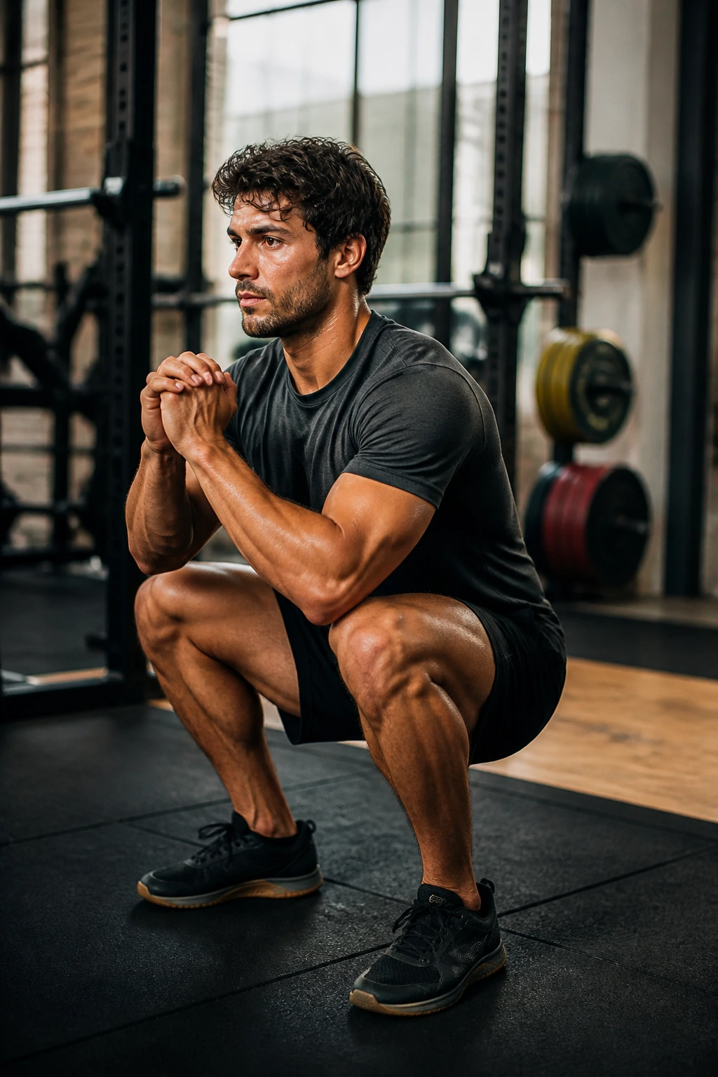 Athlete paused at bottom of squat holding position in gym.