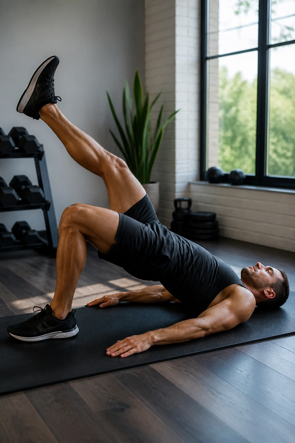 Medium close-up of a person holding the top position of a single-leg bridge with a pause