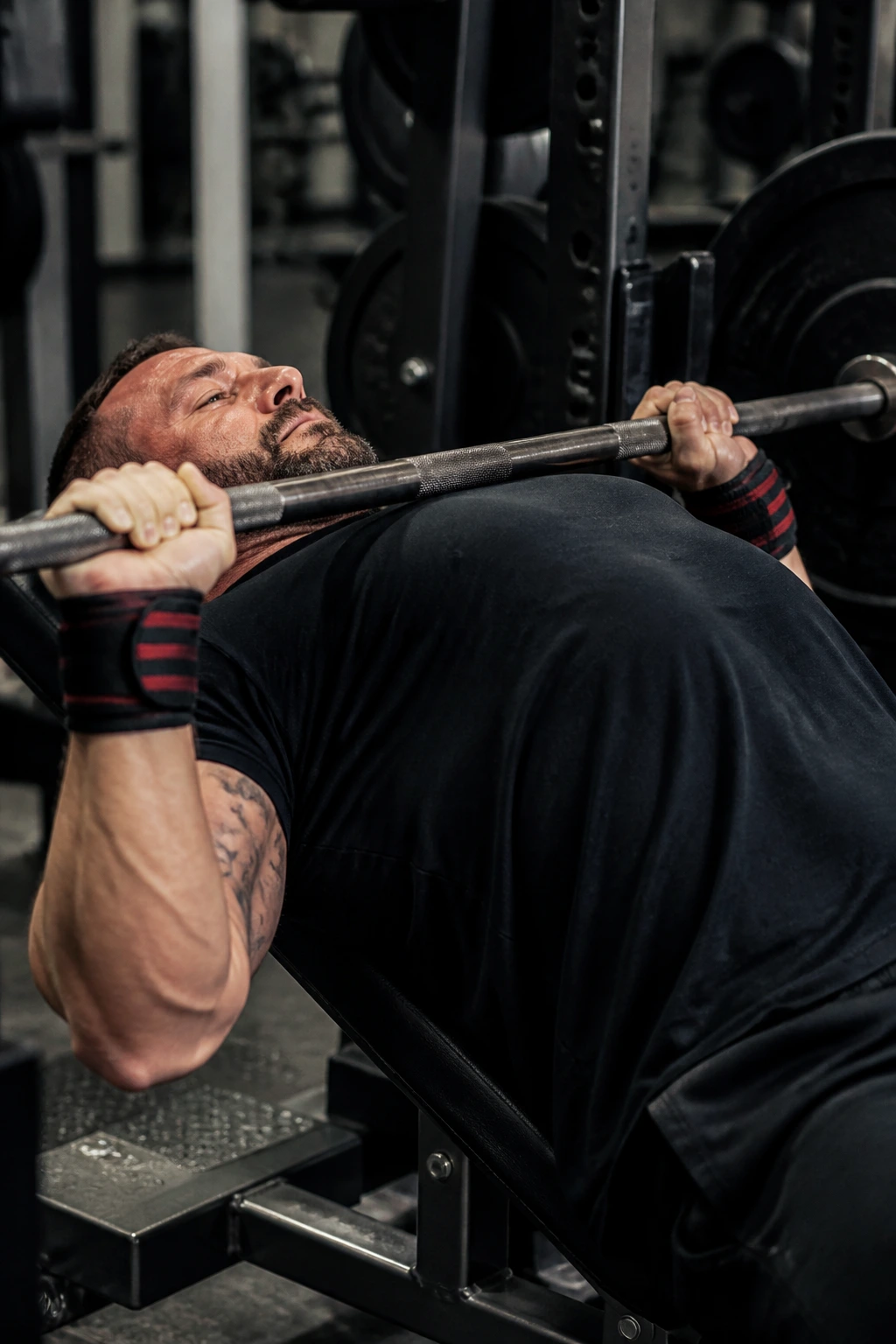 Lifter on bench with paused bar at chest for triple reps