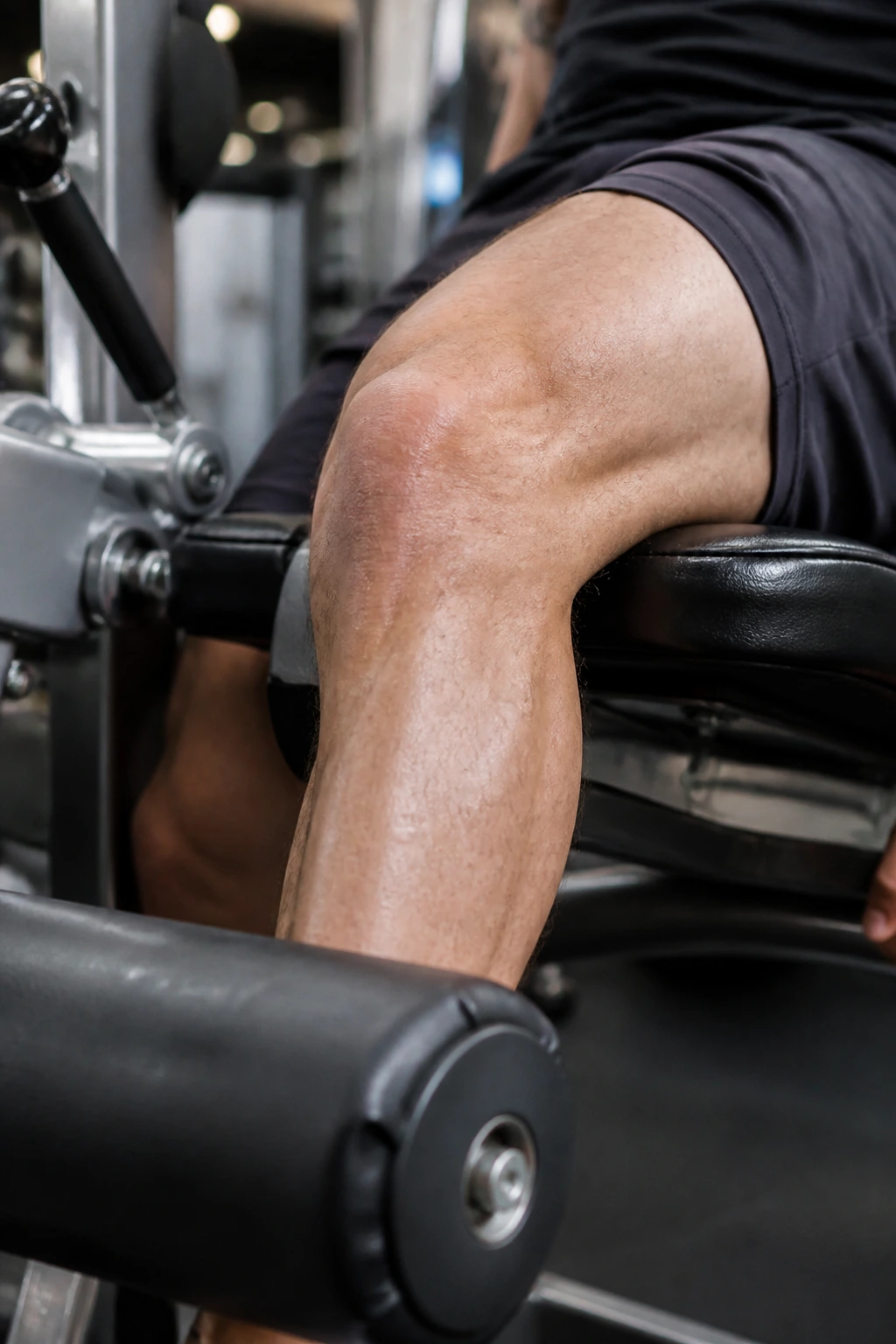 Knee in quad-dominant leg extension rehab for a PCL injury.