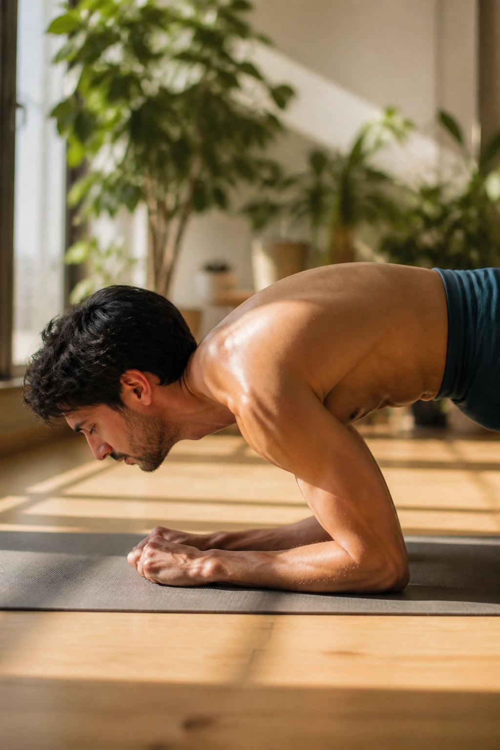 Real person in Peacock Pose showing forearm pressure and deep core control.