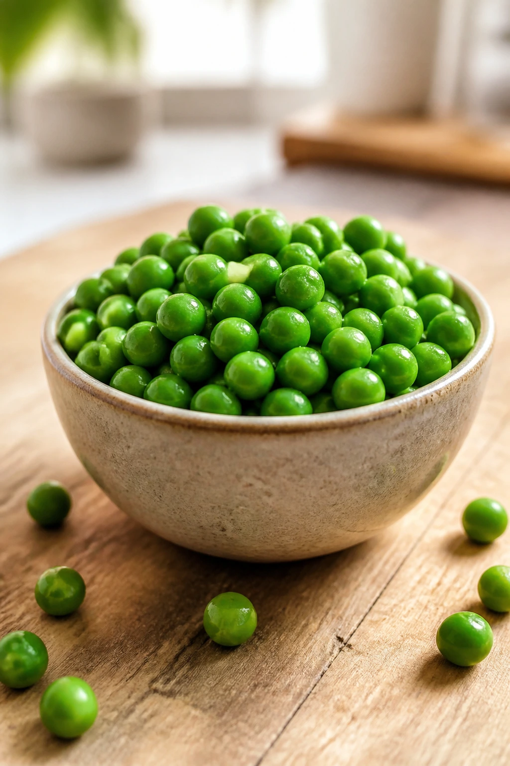 Vibrant peas in a small bowl on a wooden surface