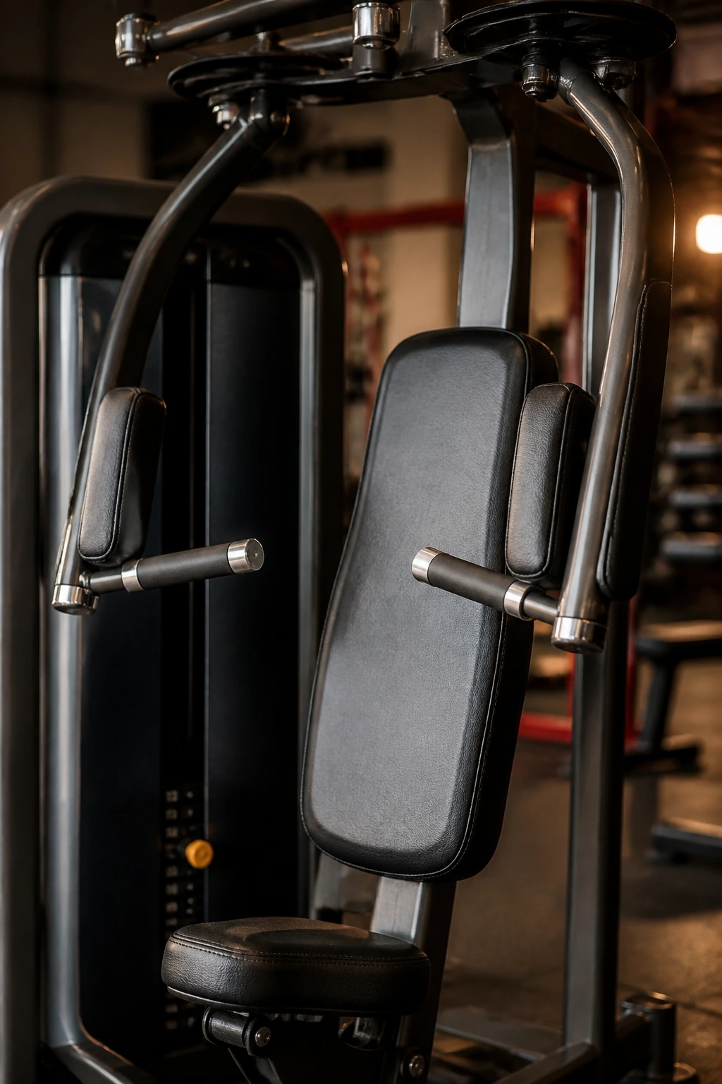Close-up of Pec Deck / Chest Fly Machine arms and pads in a gym