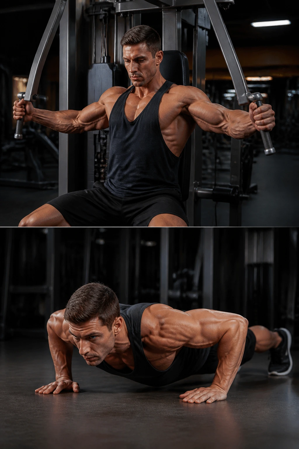 Pec deck fly transitioning to push-ups in gym during drop set