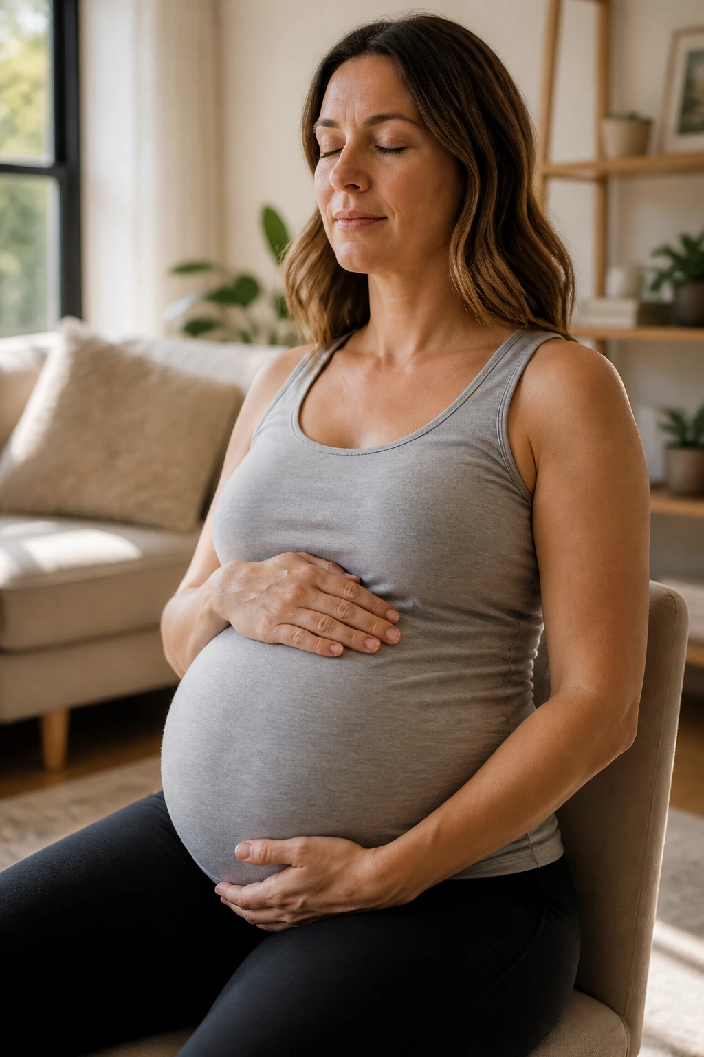 Pregnant person seated and breathing with hands on abdomen