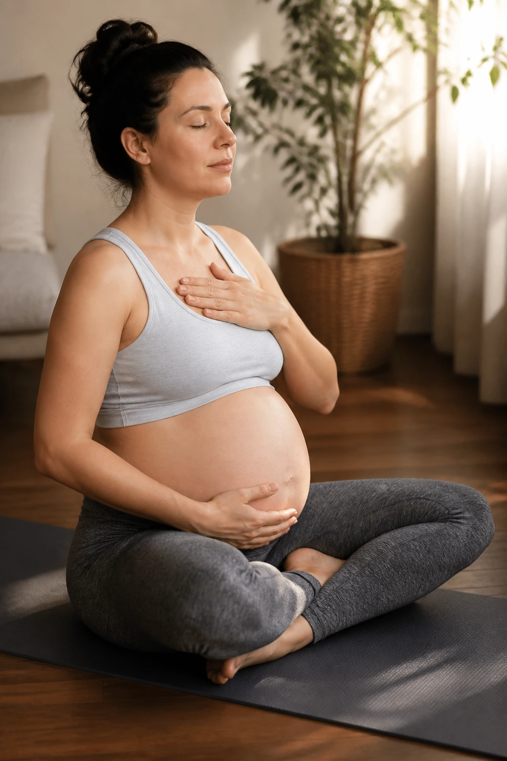 Pregnant woman practicing diaphragmatic breathing and pelvic floor work