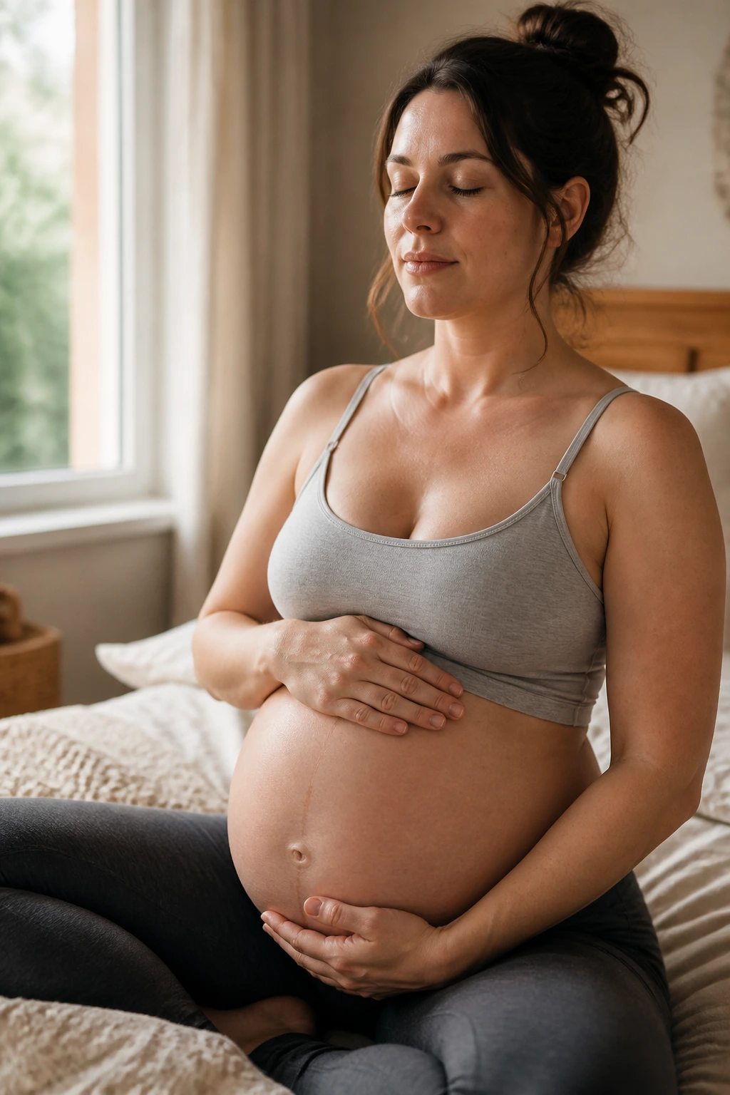 Pregnant woman practicing pelvic floor breathing in a cozy bedroom