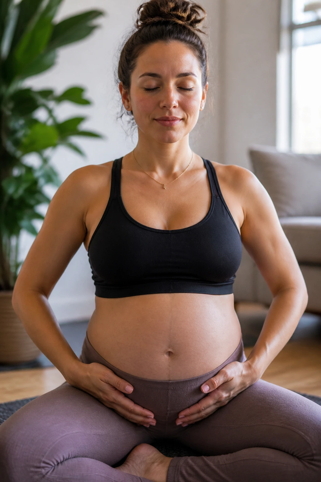Medium close-up of a person's midsection performing pelvic floor squeeze and release