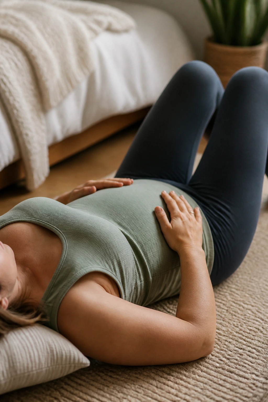 Close-up of abdomen during gentle pelvic floor lift in a calm setting.