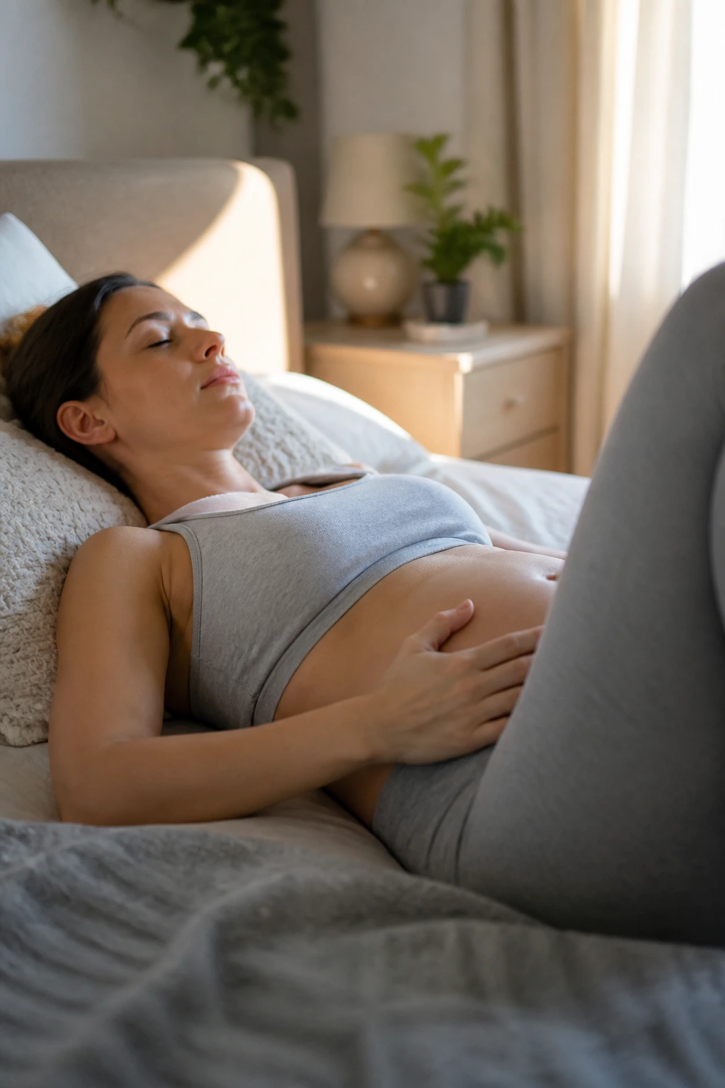 Pregnant woman lying on back performing pelvic floor engagement with breathing