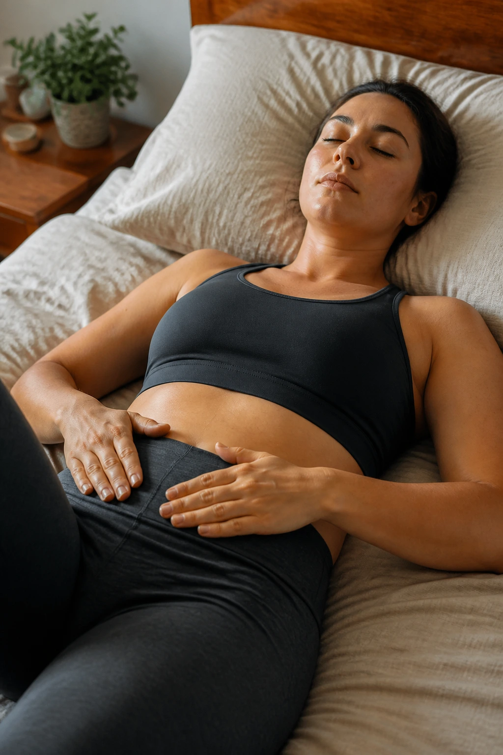 Close-up of woman practicing diaphragmatic breathing and pelvic floor reset on bed
