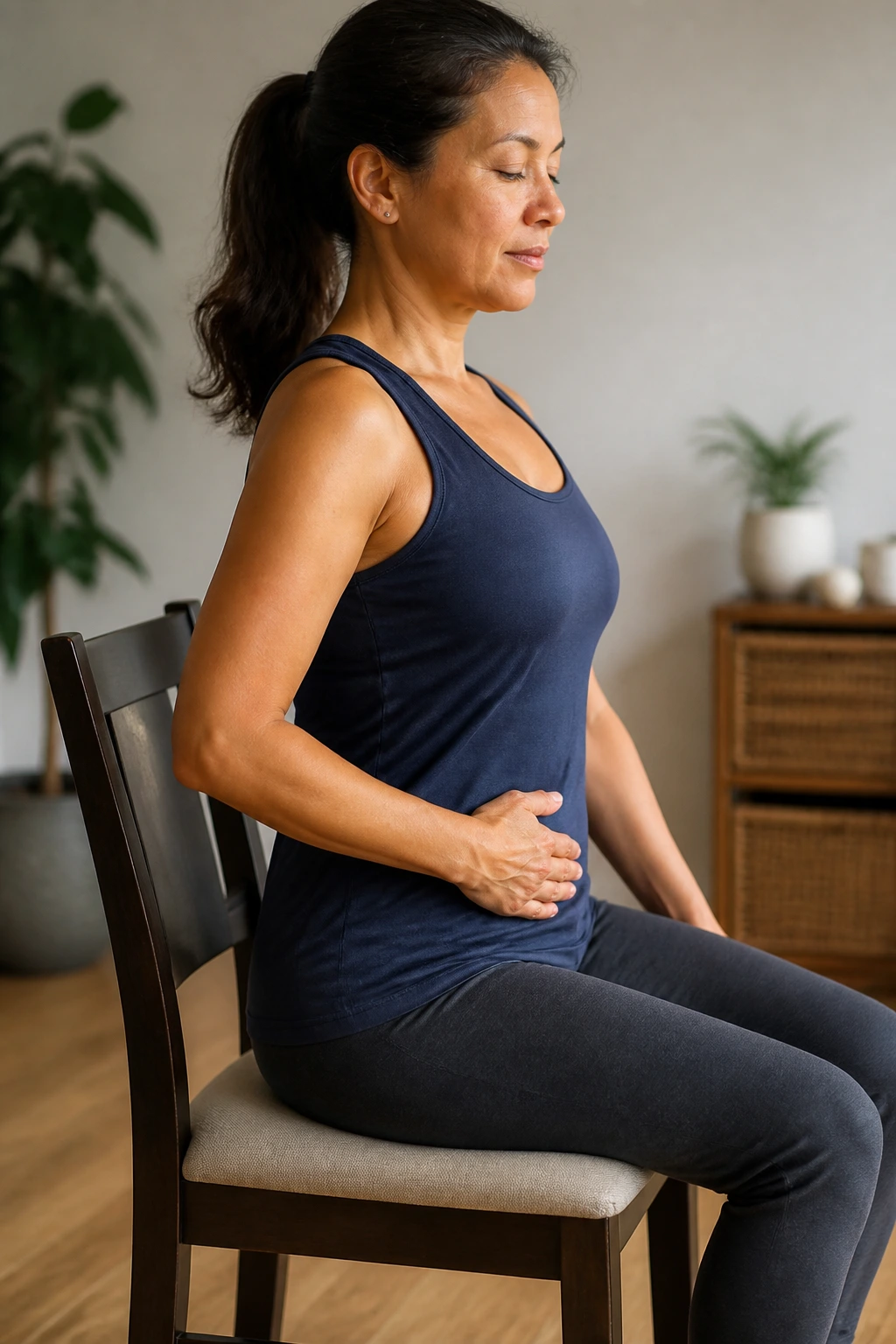Close-up of a person performing pelvic tilts with belly breath at the edge of a chair