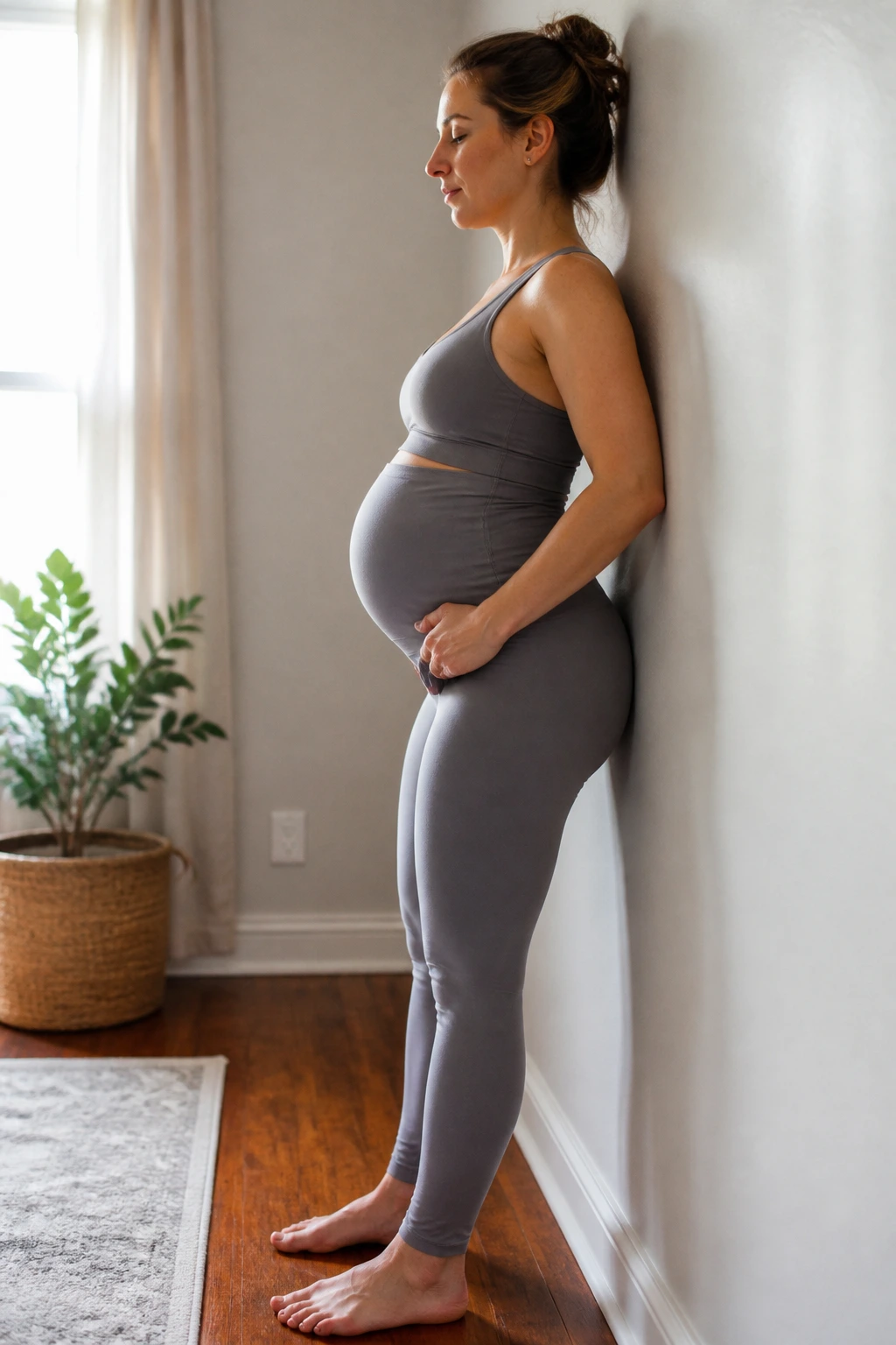 Pregnant woman performing pelvic tilts against wall