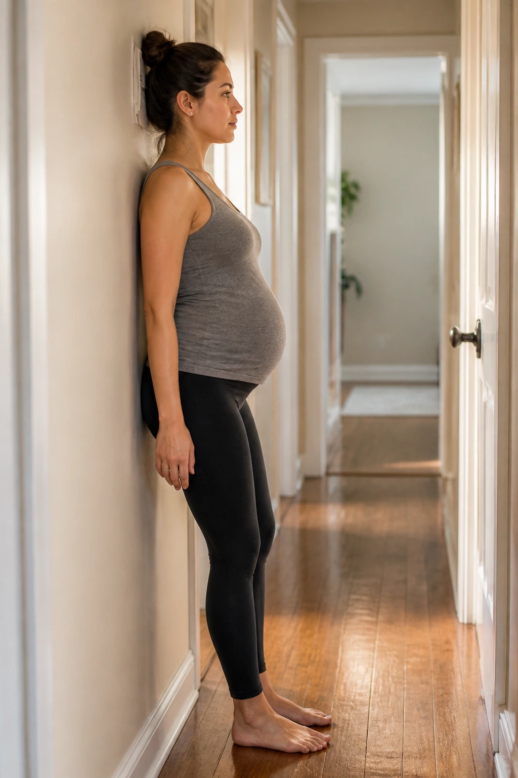 Pregnant person performing pelvic tilts against a wall