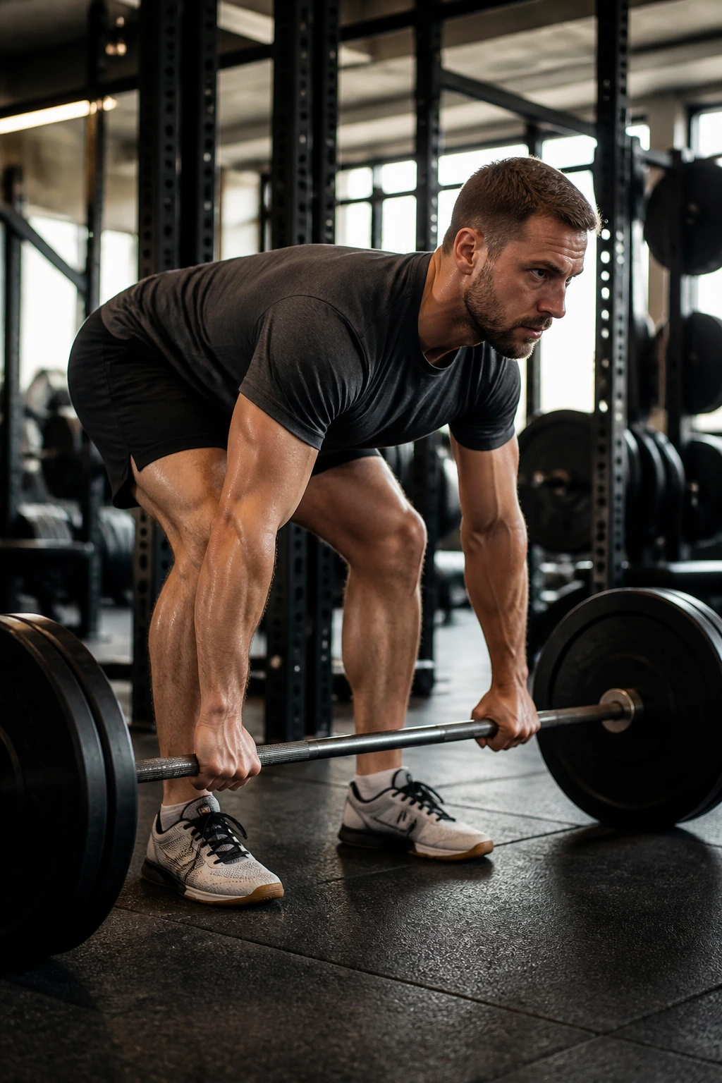 Lifter performing Pendlay row from floor in gym