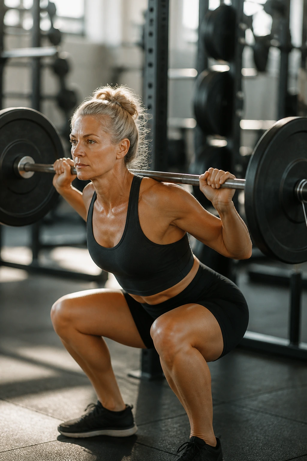 Woman performing a barbell back squat in a bright gym, emphasis on core and legs.