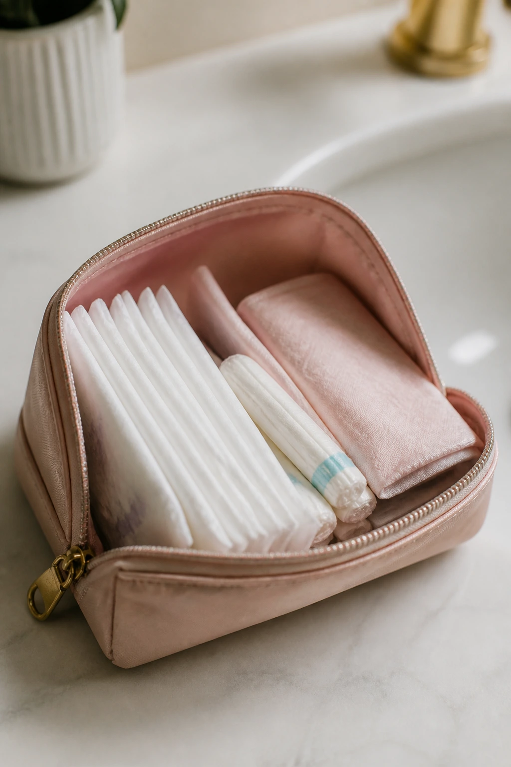Zip pouch with period products tucked away on a bathroom counter