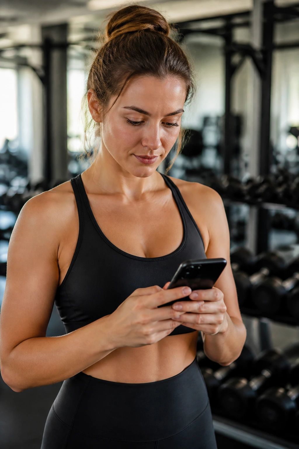 Woman in gym holding a phone to log workouts (screen not legible).