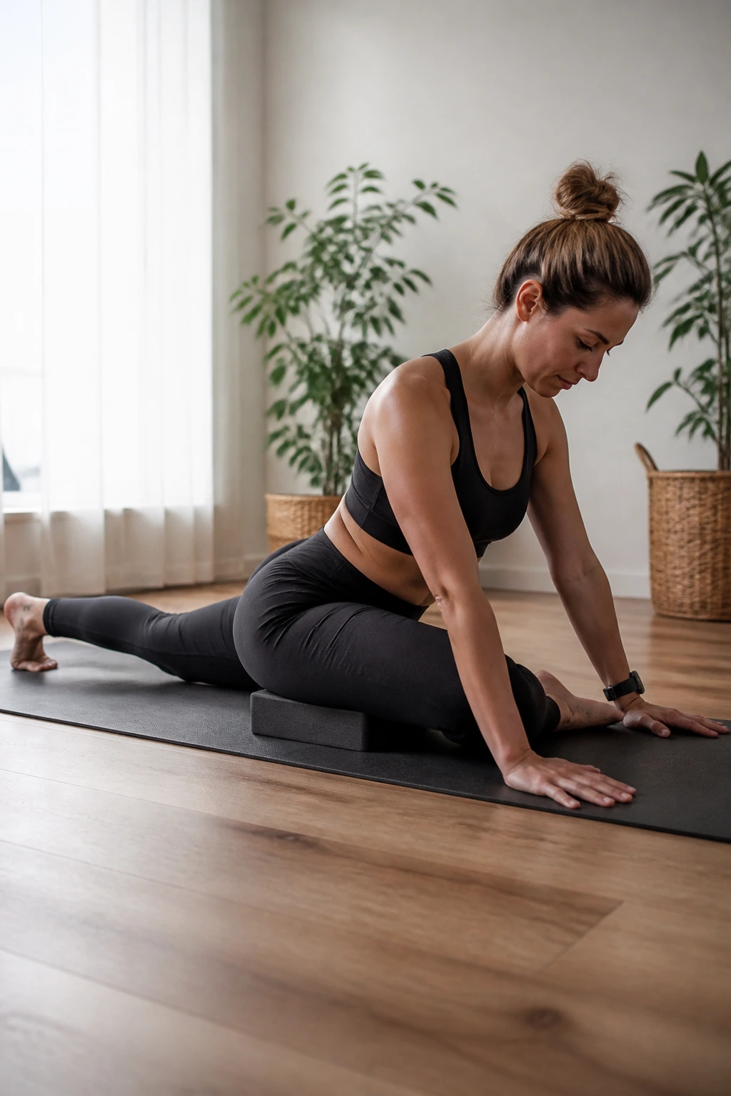 Pigeon pose on mat with hip stabilization block