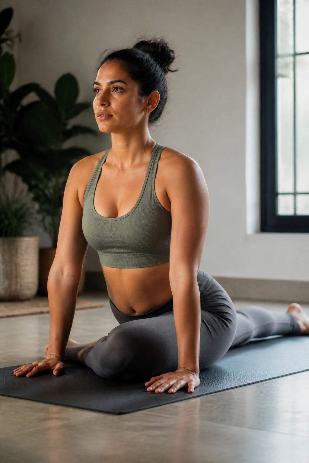 Real person in Pigeon Pose on a yoga mat with hips squared