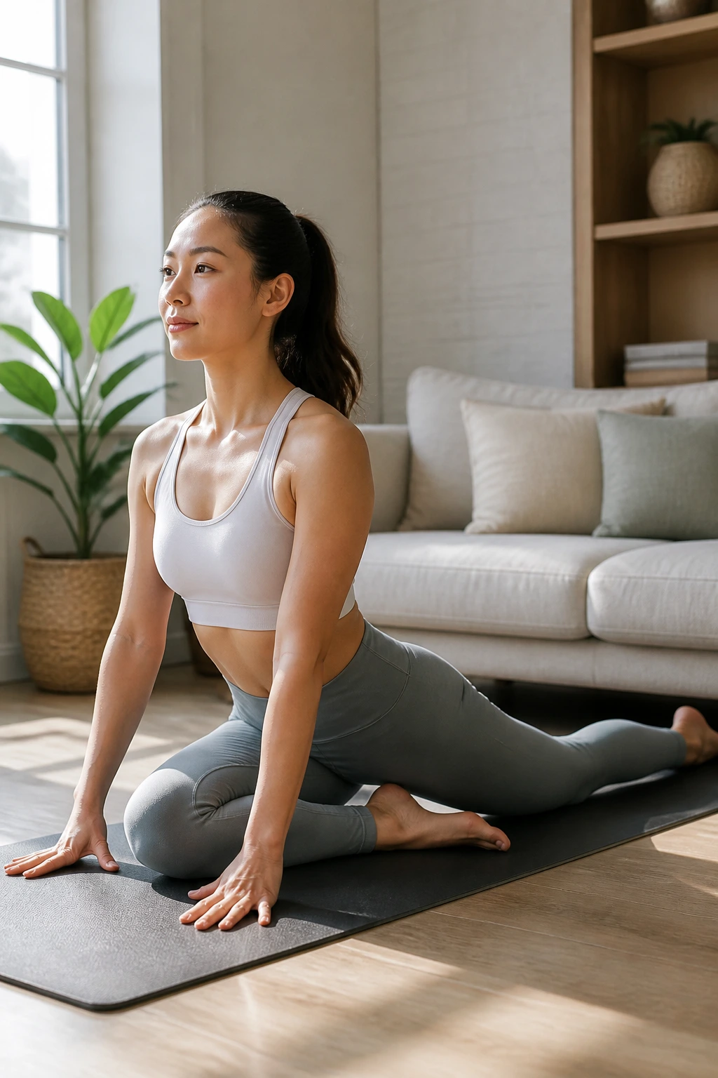 Medium shot of a person in the pigeon pose on a yoga mat in a calm living room.